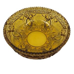 Vintage Amber Yellow Gold Glass Centerpiece Ornate Decorative Bowl Scalloped Rim